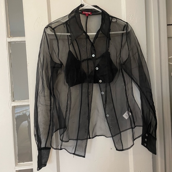 Staud Black Mesh Collared Blouse - Picture 1 of 6